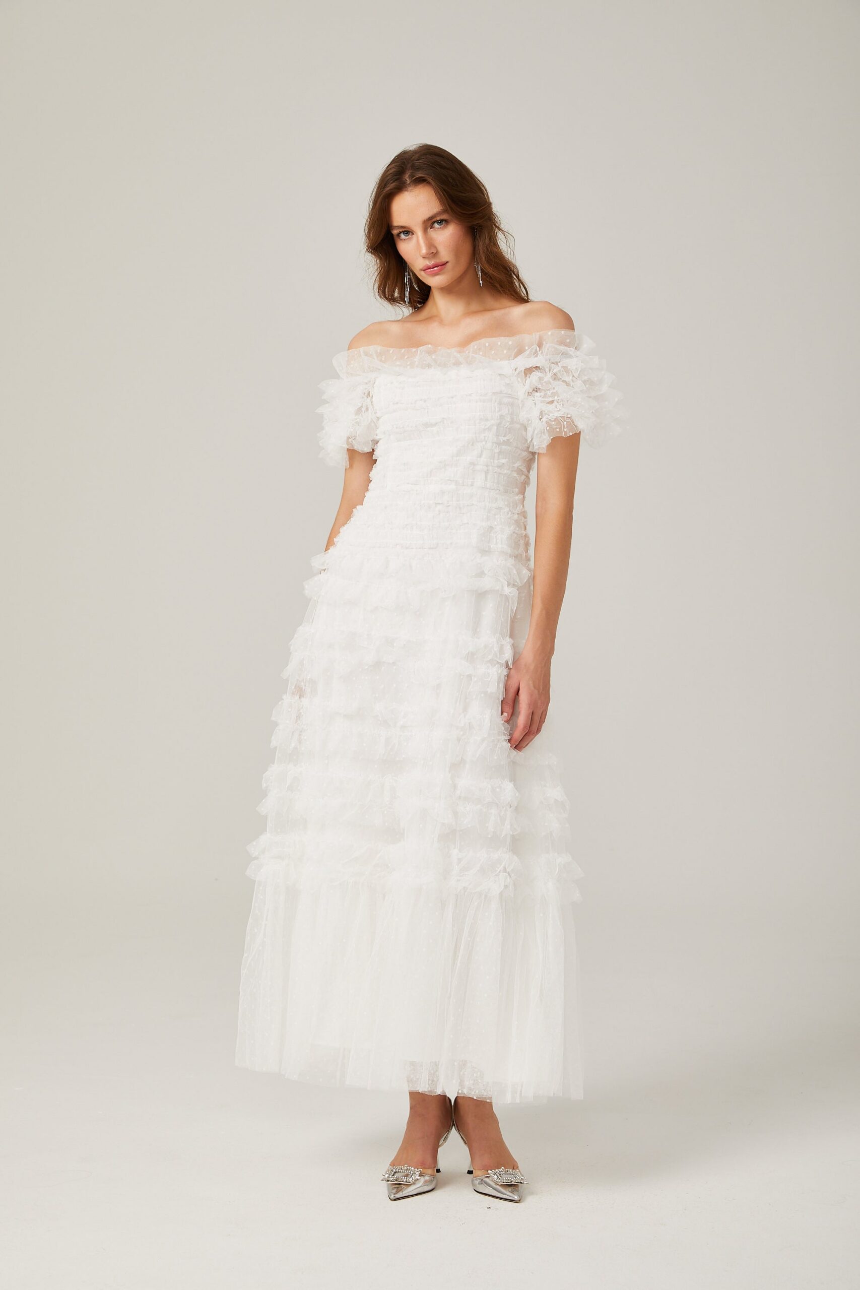 Joyce Ruffled Tulle Tiered Strapless Midi Dress In White - OWNCI Joyce Ruffled Tulle Tiered Strapless Midi Dress In White - OWNCI