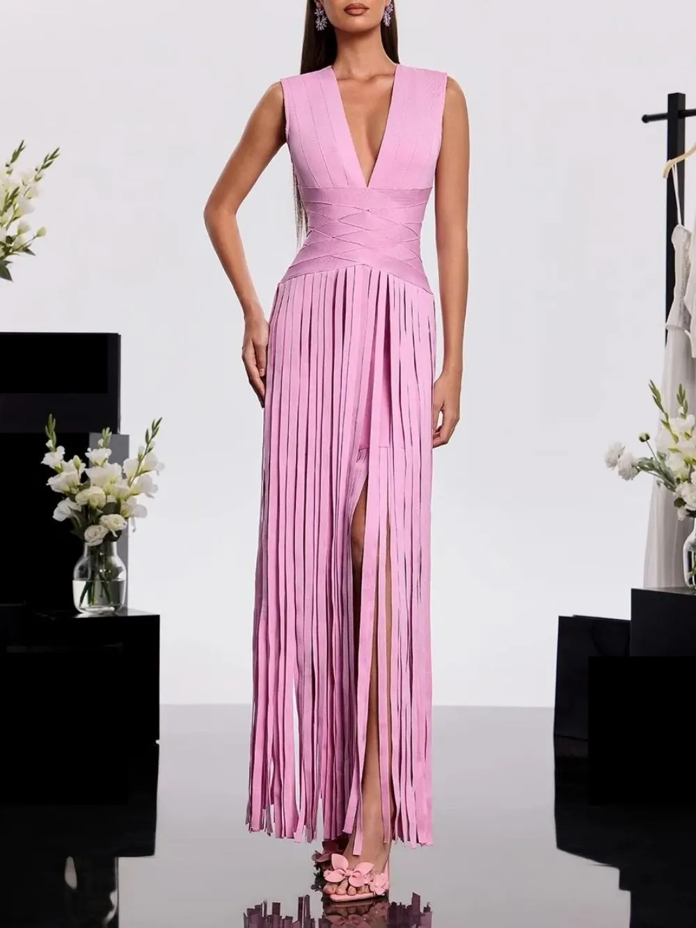 Hasika V Neck Fringe Bandage Dress - OWNCI
