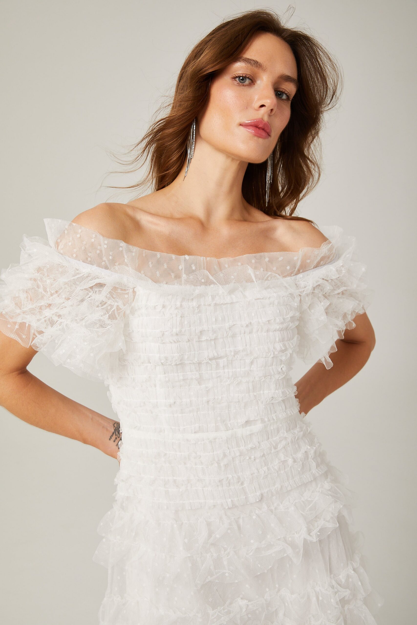 Joyce Ruffled Tulle Tiered Strapless Midi Dress In White - OWNCI Joyce Ruffled Tulle Tiered Strapless Midi Dress In White - OWNCI