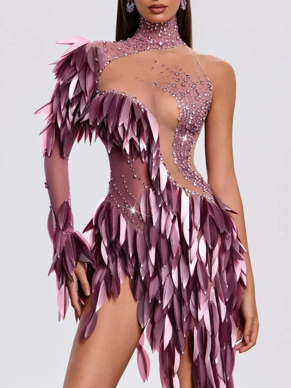 Xandrik One Shoulder Leaf Mesh Dress - OWNCI