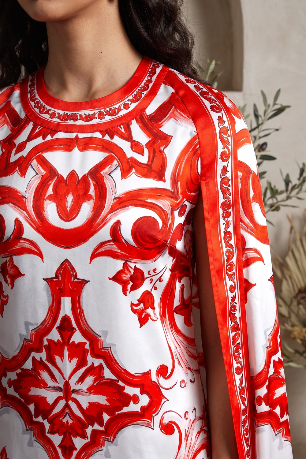 White Majolica Tile Print Cape Dress - OWNCI White Majolica Tile Print Cape Dress - OWNCI