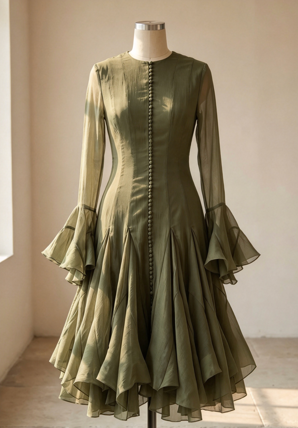 Olive Green Sheer Chiffon Fit-and-Flare Midi Dress - OWNCI Olive Green Sheer Chiffon Fit-and-Flare Midi Dress - OWNCI