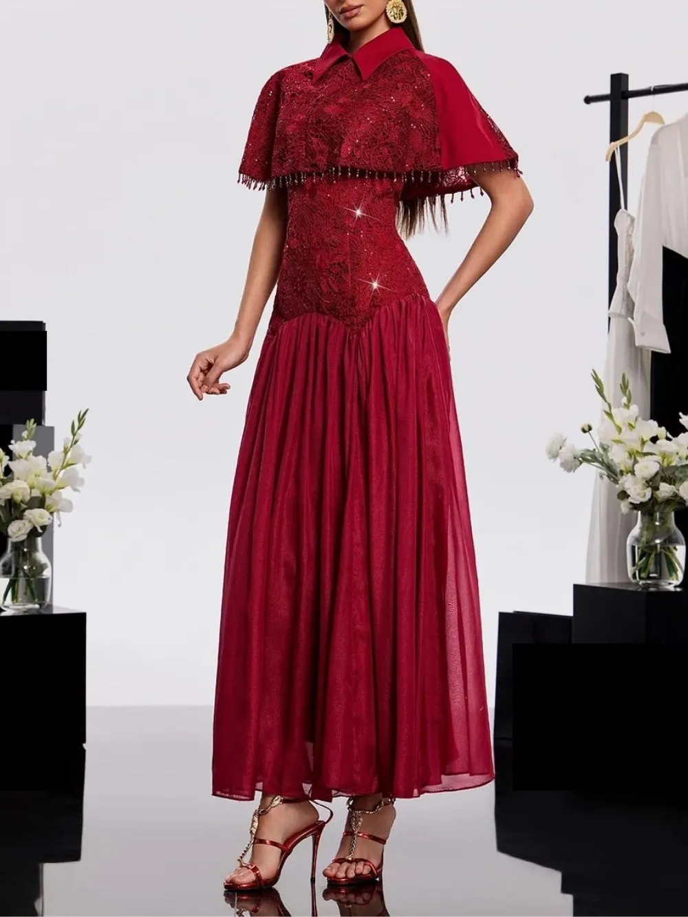 Hatice Cape Lace Dress In Wine - OWNCI Hatice Cape Lace Dress In Wine - OWNCI