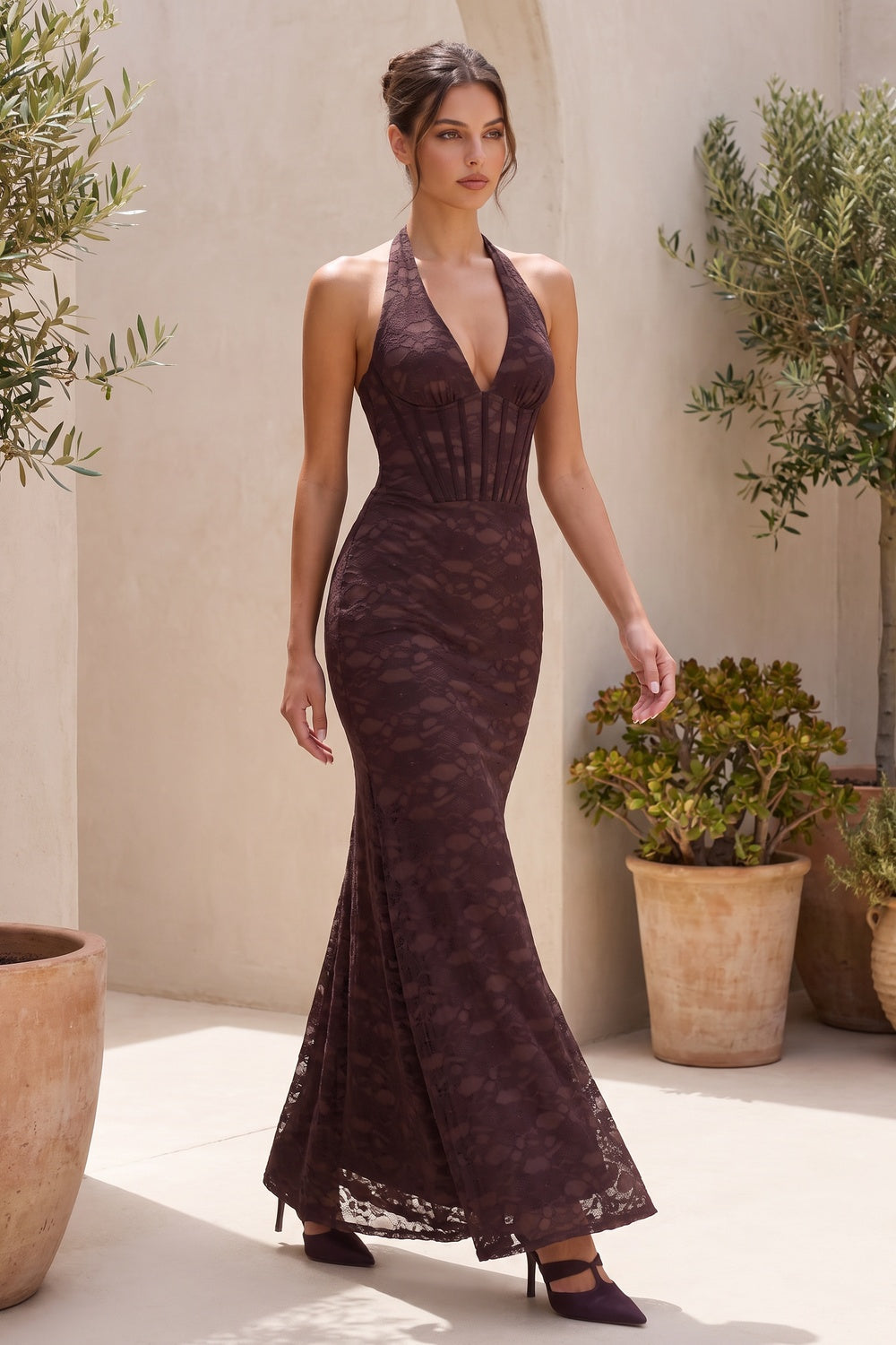 Dark Brown Floral Lace Mermaid Maxi Dress with Corset Bodice - OWNCI Dark Brown Floral Lace Mermaid Maxi Dress with Corset Bodice - OWNCI