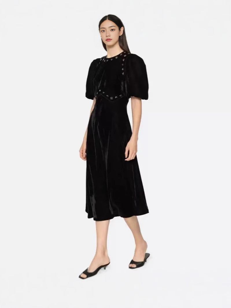 Vicky Black Rhinestone Embellished Velvet Puff Sleeve Maxi Dress - OWNCI Vicky Black Rhinestone Embellished Velvet Puff Sleeve Maxi Dress - OWNCI