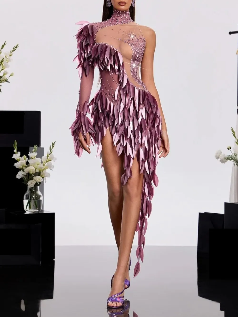 Xandrik One Shoulder Leaf Mesh Dress - OWNCI
