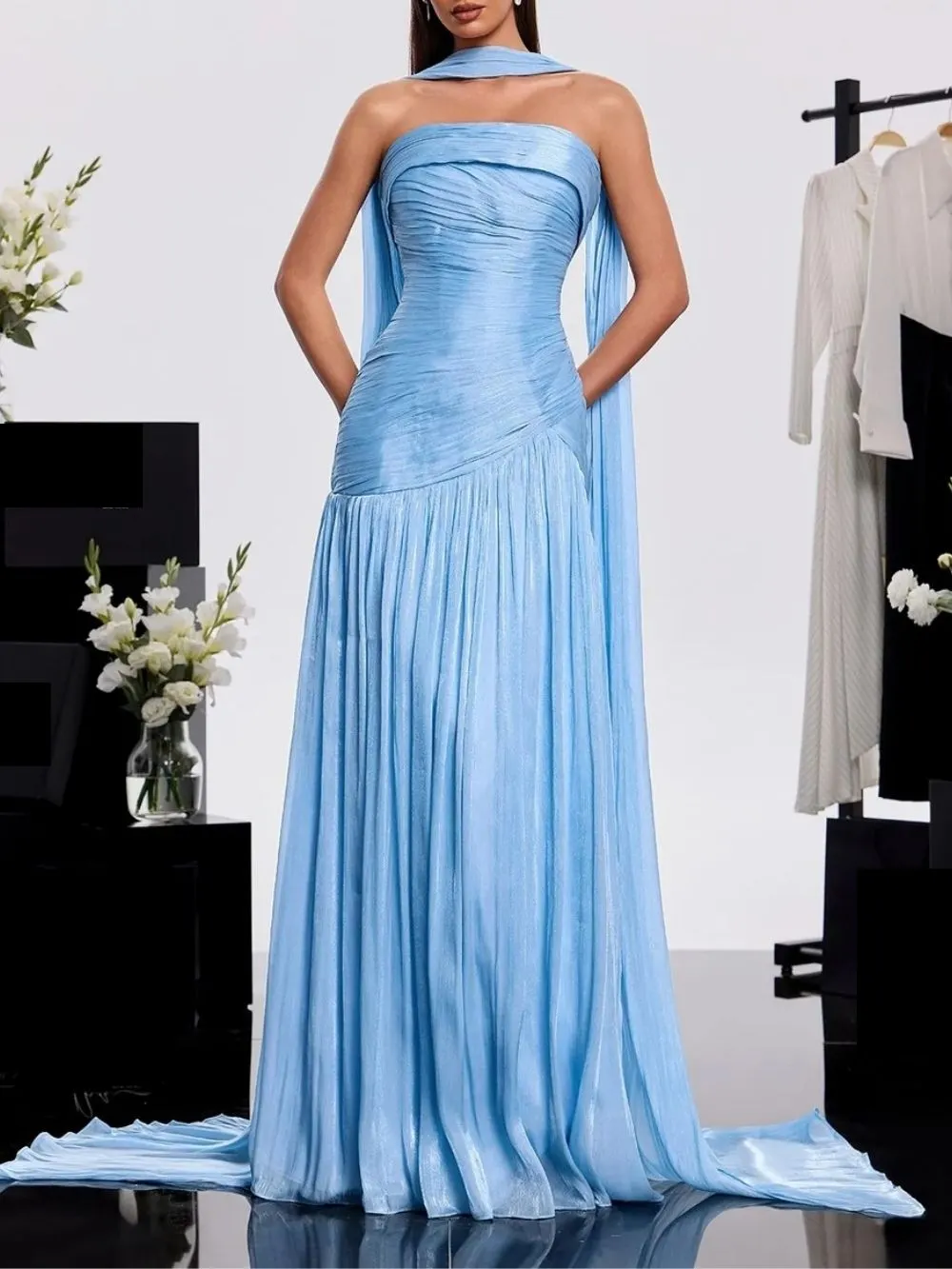 Bravexia Strapless Pleated Scarf Maxi Dress - OWNCI