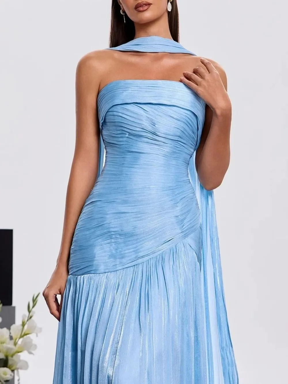 Bravexia Strapless Pleated Scarf Maxi Dress - OWNCI