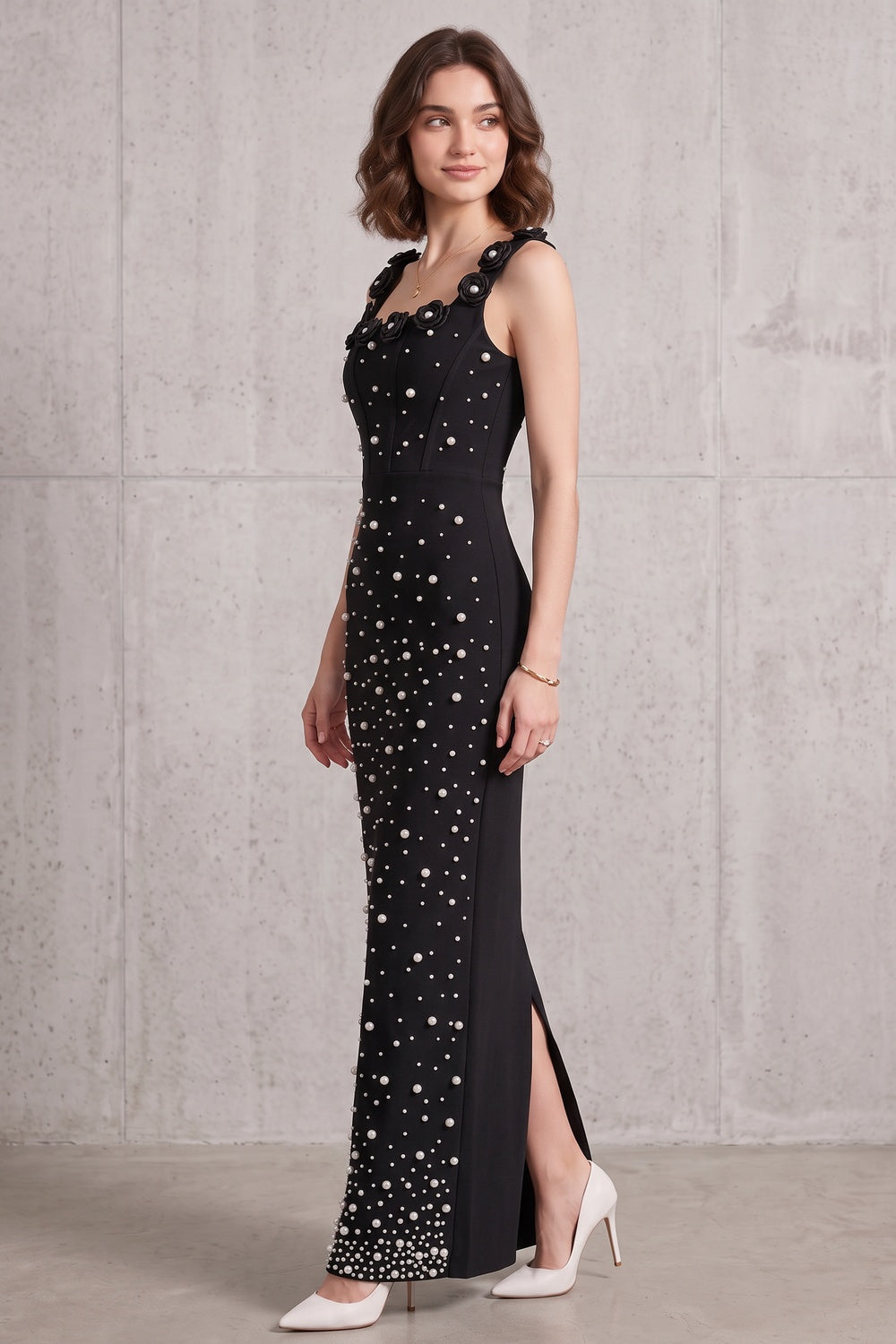 Black Heavyweight Stretch Knit Column Maxi Dress with Pearl Embellishments - OWNCI Black Heavyweight Stretch Knit Column Maxi Dress with Pearl Embellishments - OWNCI