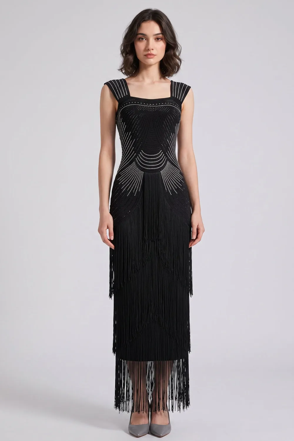 Black Art Deco Beaded Sheath Dress with Tiered Fringe - OWNCI