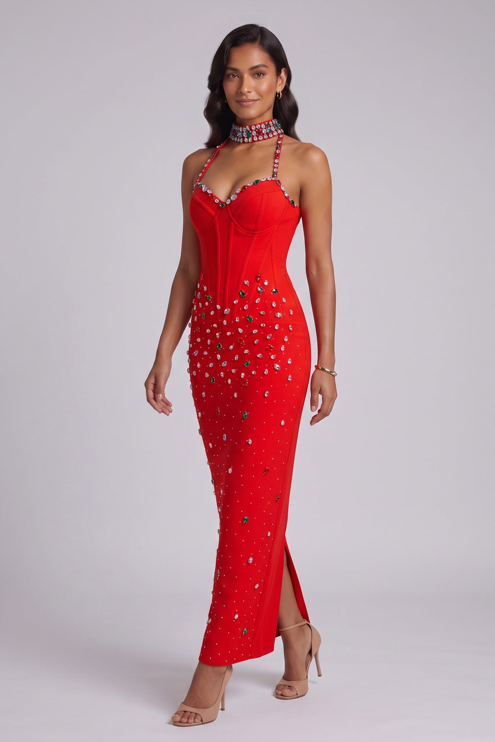 Red Crepe Sheath Dress with Embellished Halter Neck - OWNCI Red Crepe Sheath Dress with Embellished Halter Neck - OWNCI