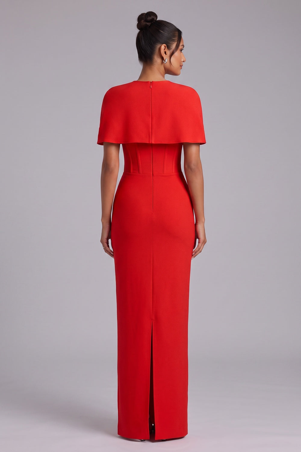Bright Red Heavy Crepe Column Maxi Dress With Capelet - OWNCI