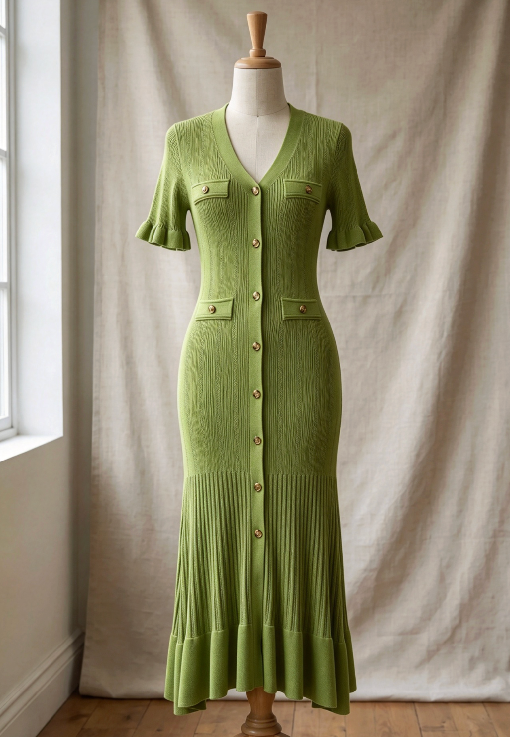 Olive Green Ribbed Knit A-Line Trumpet Midi Dress - OWNCI Olive Green Ribbed Knit A-Line Trumpet Midi Dress - OWNCI