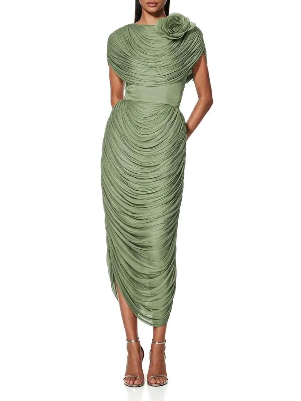 Kessari Flower Draped Midi Dress In Green - OWNCI