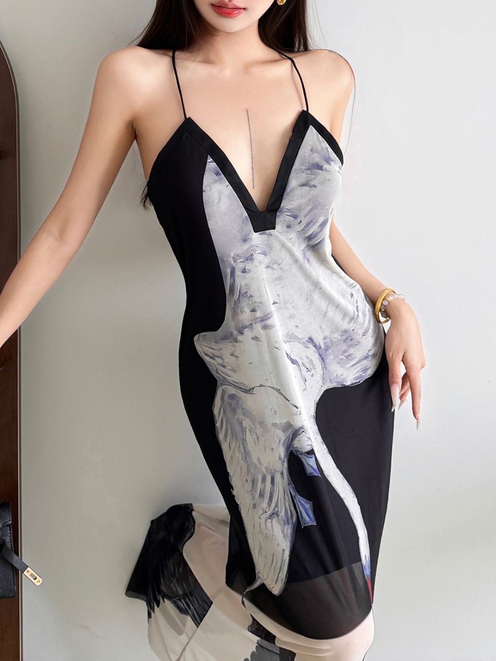 Meryem Spaghetti Swan Printed Maxi Dress - OWNCI Meryem Spaghetti Swan Printed Maxi Dress - OWNCI