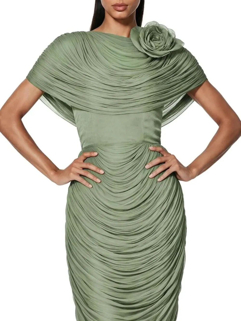 Kessari Flower Draped Midi Dress In Green - OWNCI Kessari Flower Draped Midi Dress In Green - OWNCI