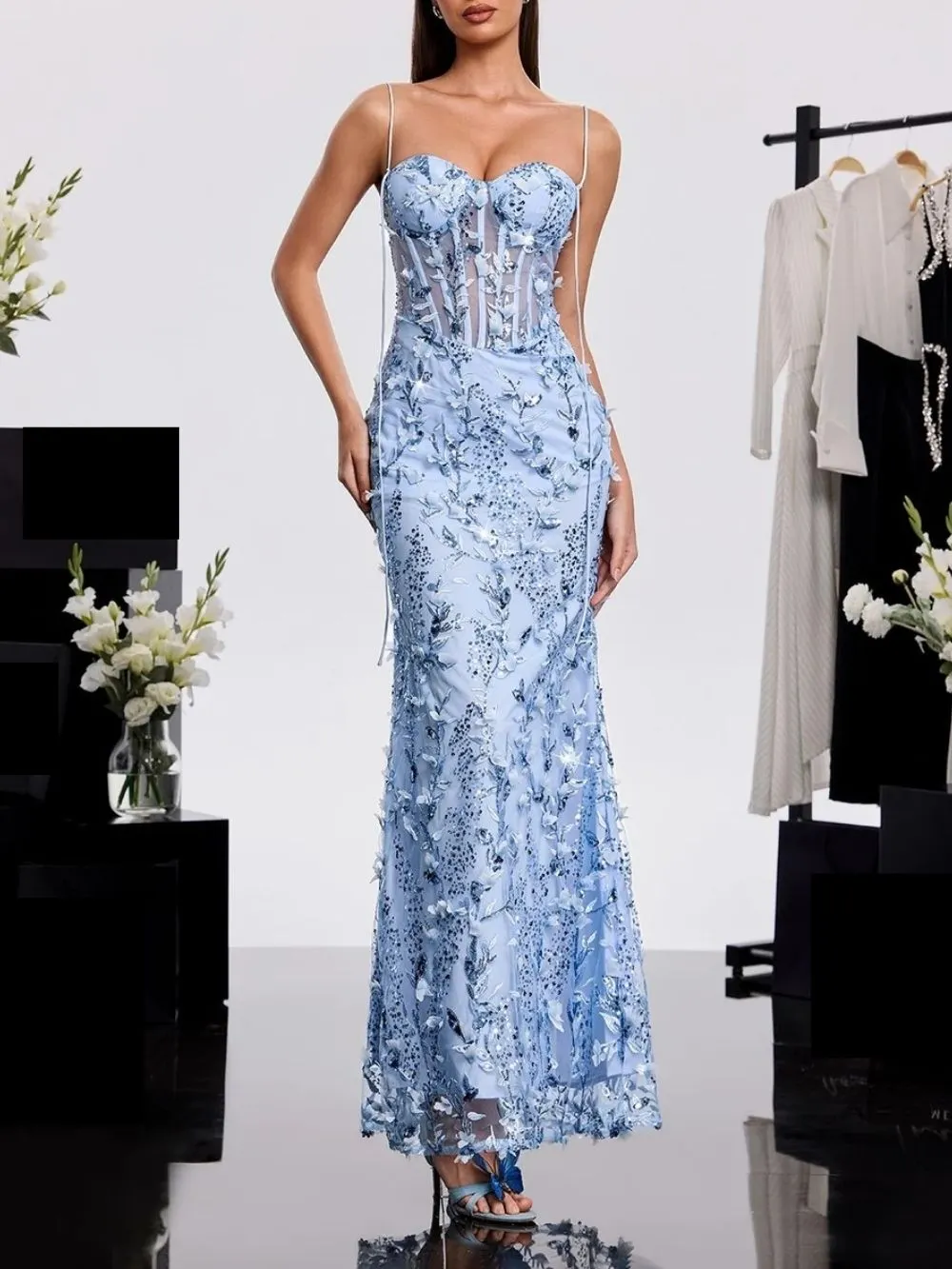 Haranu Spaghetti Corset Sequin Dress In Sky - OWNCI Haranu Spaghetti Corset Sequin Dress In Sky - OWNCI