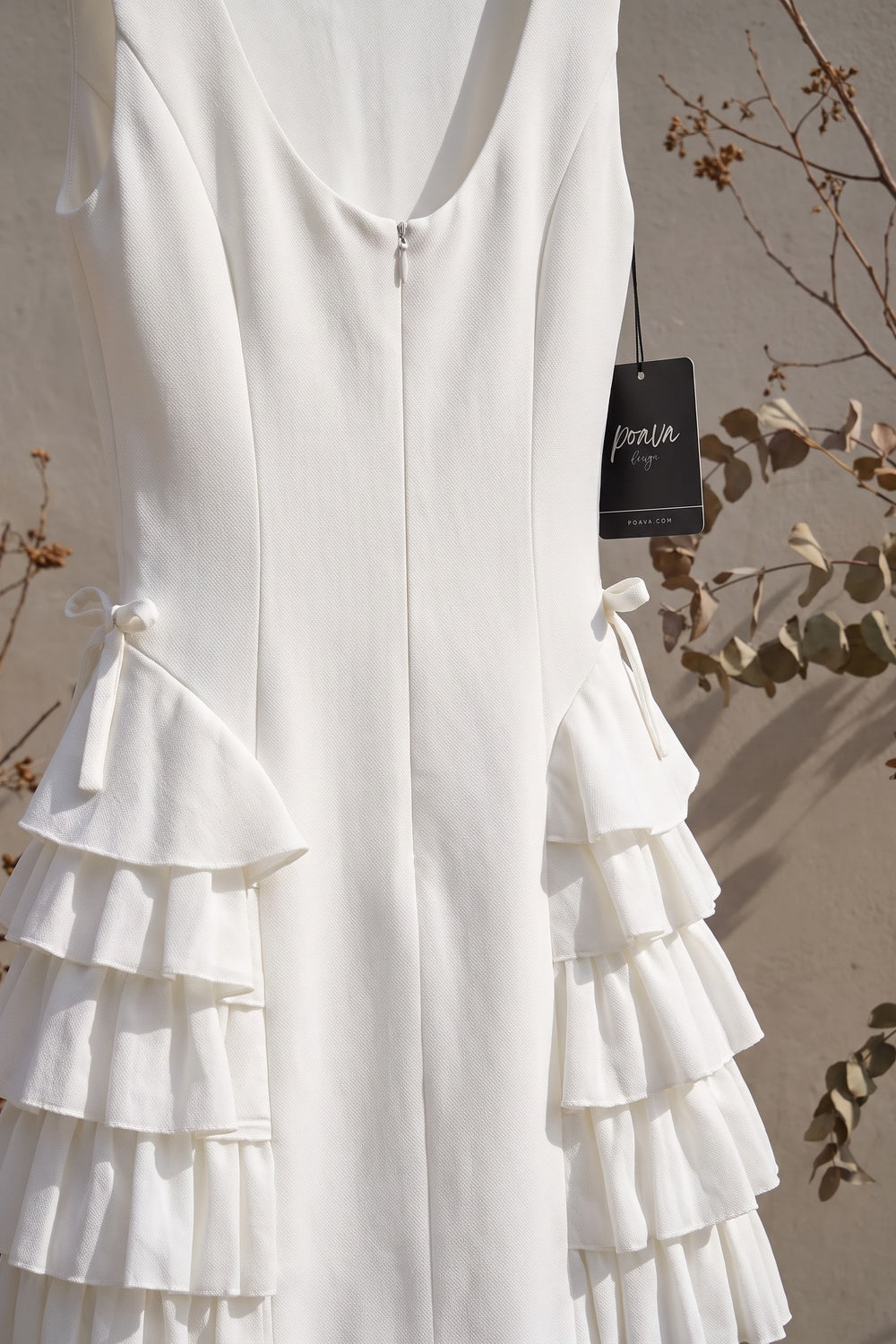 White Structured Crepe A-Line Dress with Side Ruffles - OWNCI White Structured Crepe A-Line Dress with Side Ruffles - OWNCI
