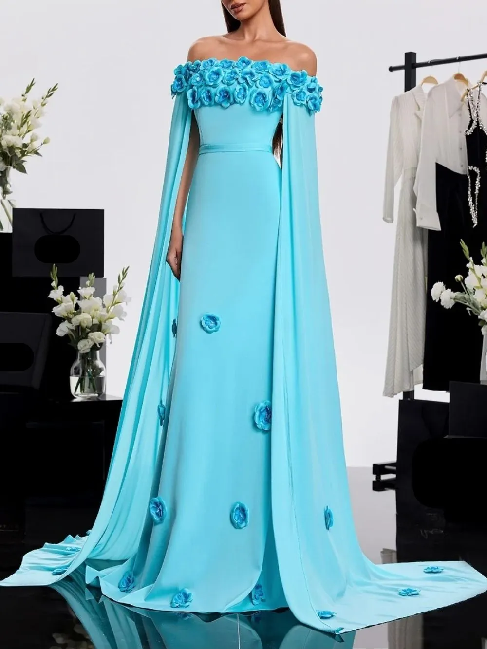 Haracha Off Shoulder Flower Draped Dress - OWNCI Haracha Off Shoulder Flower Draped Dress - OWNCI