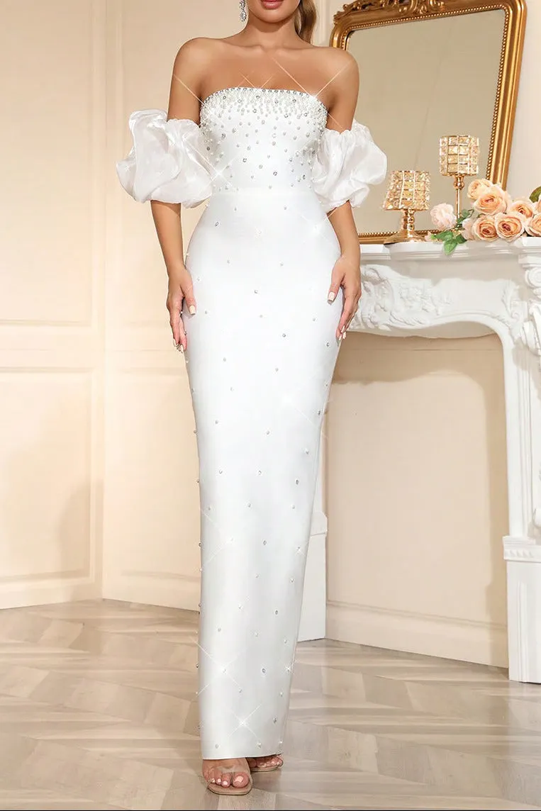 Nancy Rhinestone Beading Strapless Maxi Dress In White - OWNCI