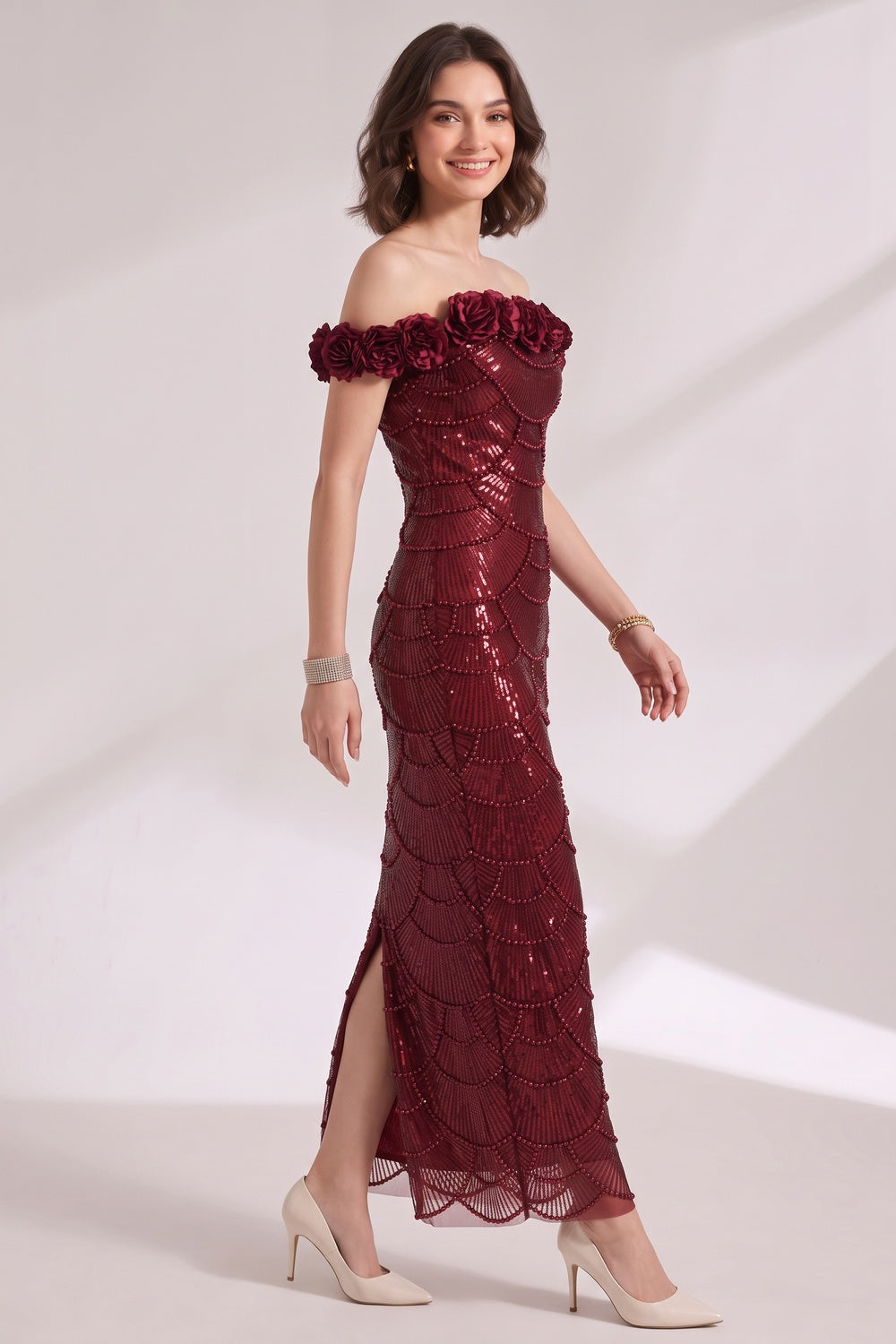 Burgundy Sequined Mesh Column Gown - OWNCI Burgundy Sequined Mesh Column Gown - OWNCI