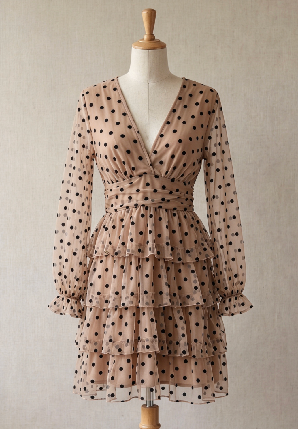 Beige Sheer Mesh Fit-and-Flare Tiered Dress - OWNCI Beige Sheer Mesh Fit-and-Flare Tiered Dress - OWNCI