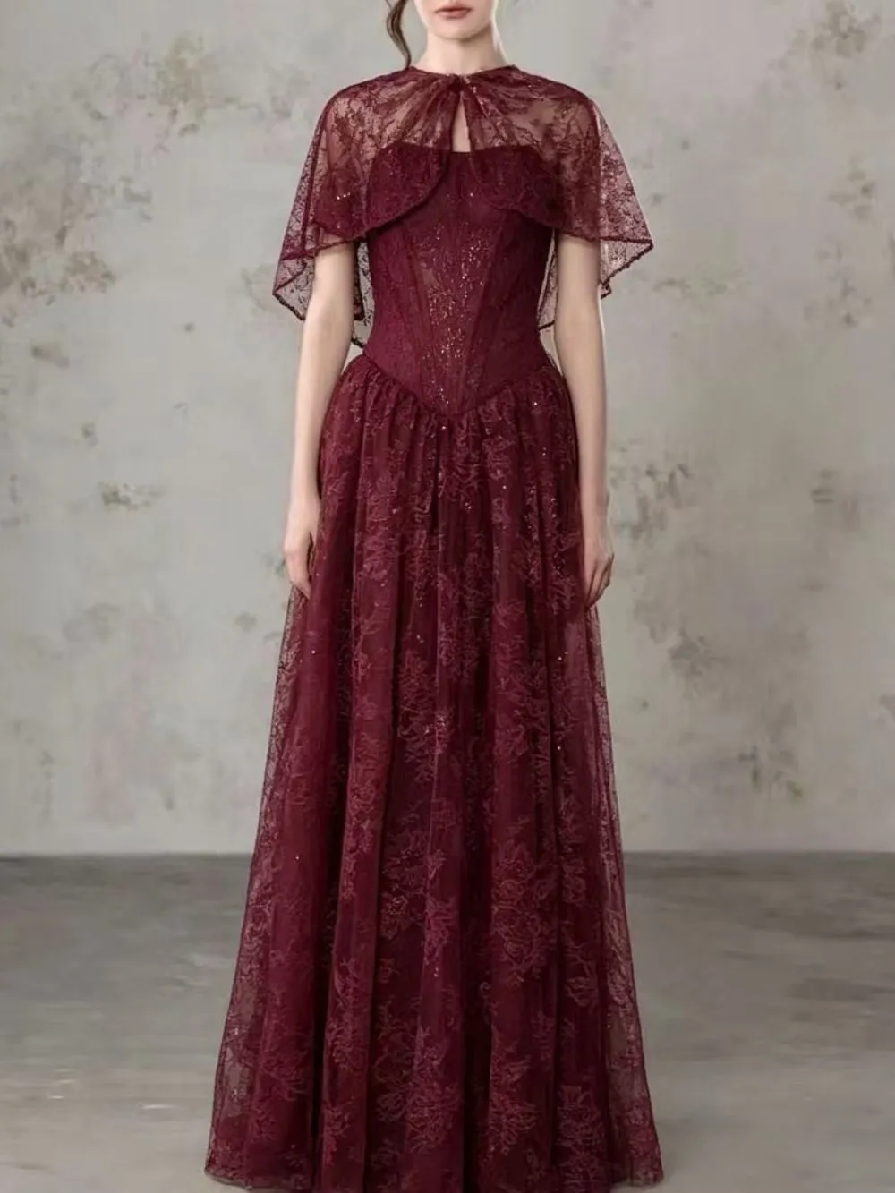 Lace Cape Strapless A Line Maxi Dress - OWNCI