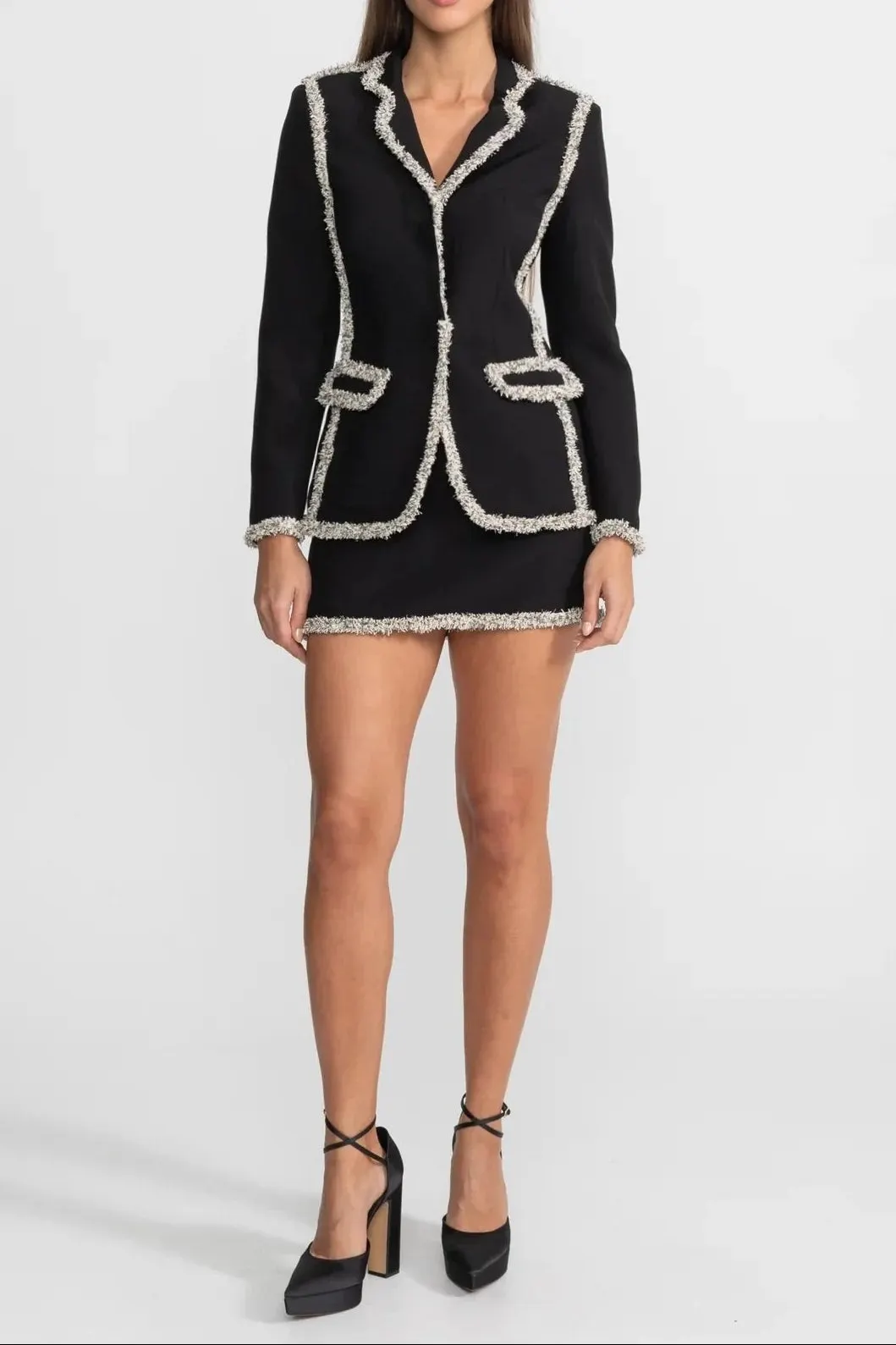 June Tweed Trim Blazer Matching Mini Skirt Set – Black - OWNCI