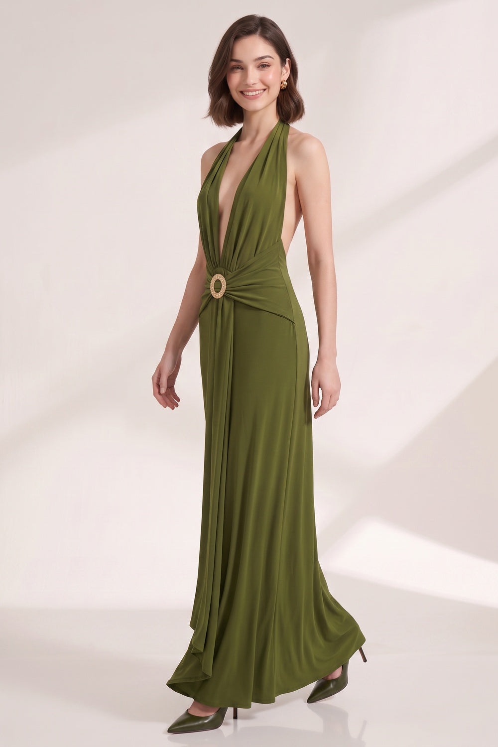 Olive Green Fluid Jersey Column Dress - OWNCI Olive Green Fluid Jersey Column Dress - OWNCI