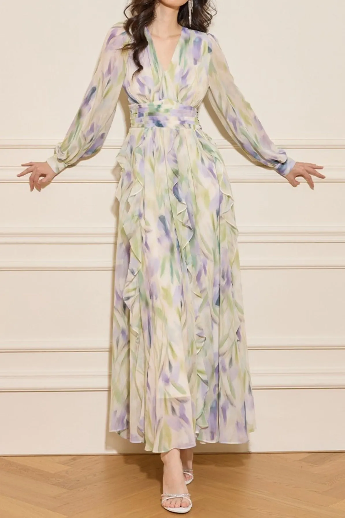 Rachel Multicolor v-Neck Floral Print Lantern Sleeve Maxi Dress - OWNCI