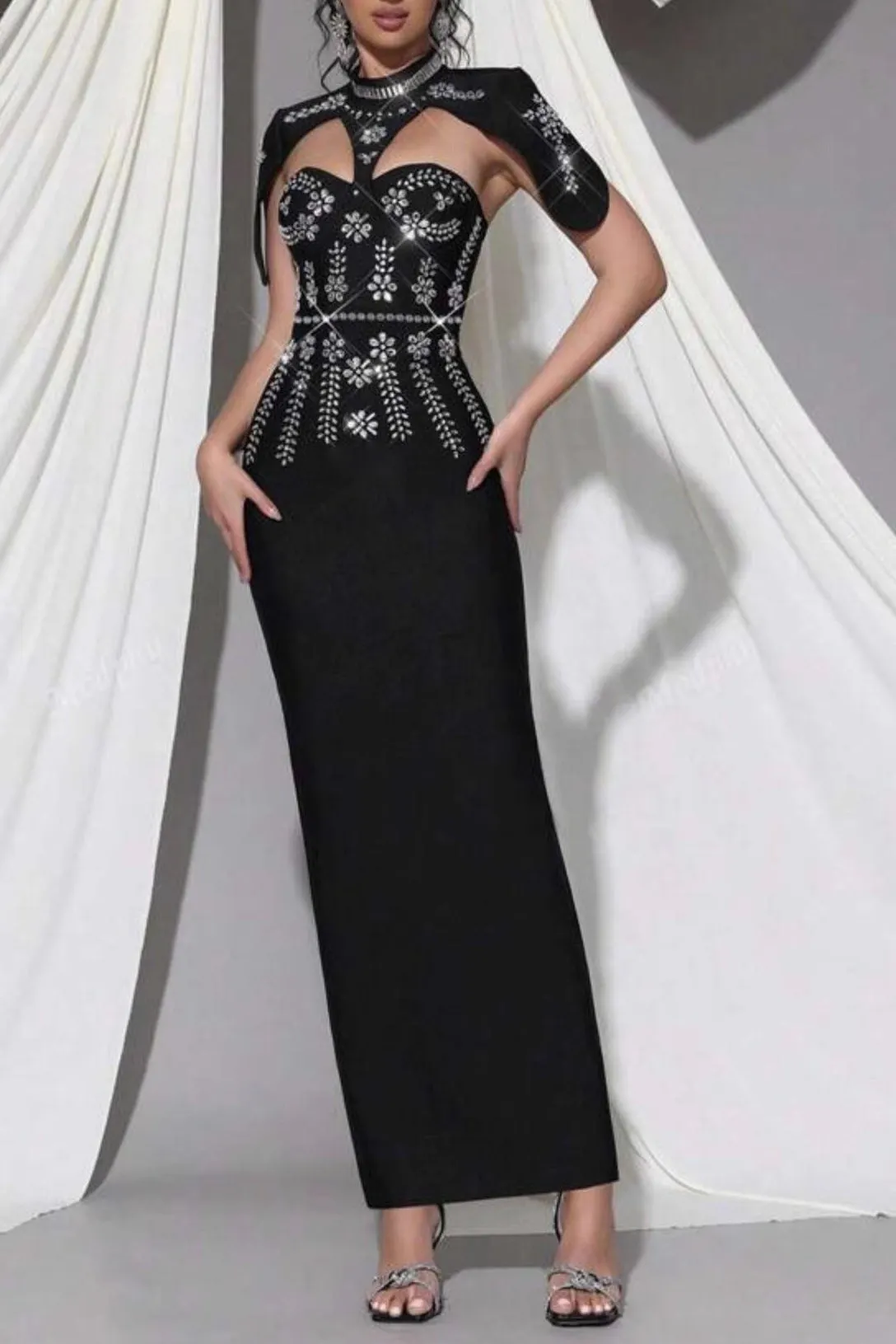 Sibyl Black Shawl-Embellished Diamond Bandage Maxi Dress - OWNCI Sibyl Black Shawl-Embellished Diamond Bandage Maxi Dress - OWNCI
