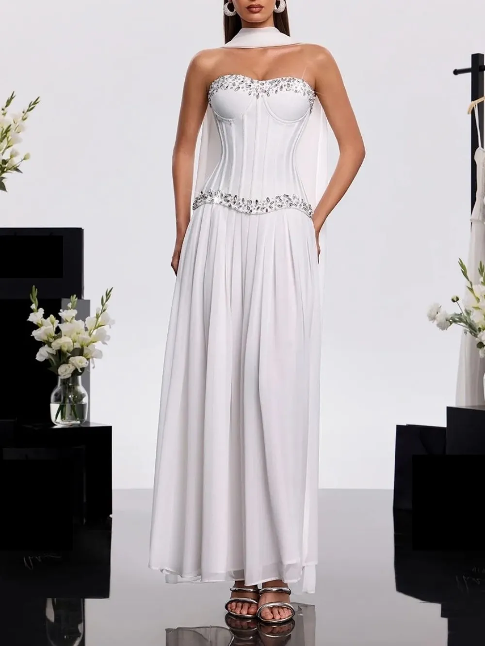 Zeldran Scarf Strapless Crystal Maxi Dress - OWNCI