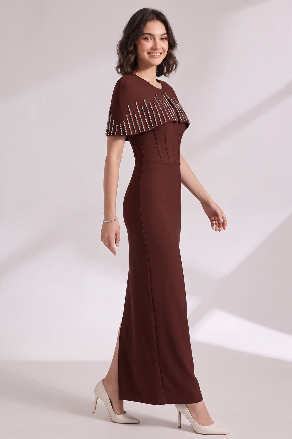 Dark Brown Structured Crepe Column Dress with Capelet Overlay - OWNCI