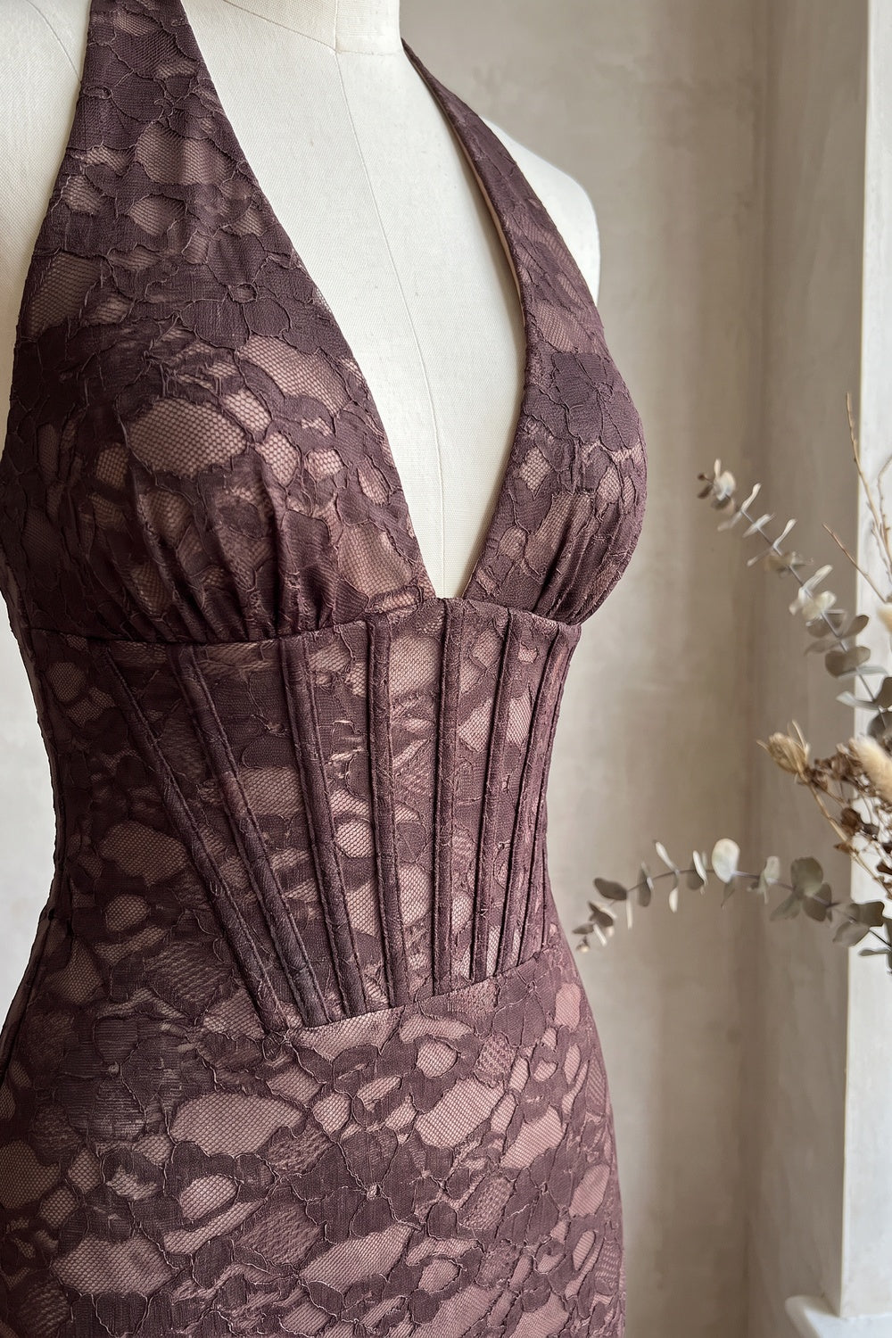 Dark Brown Floral Lace Mermaid Maxi Dress with Corset Bodice - OWNCI Dark Brown Floral Lace Mermaid Maxi Dress with Corset Bodice - OWNCI