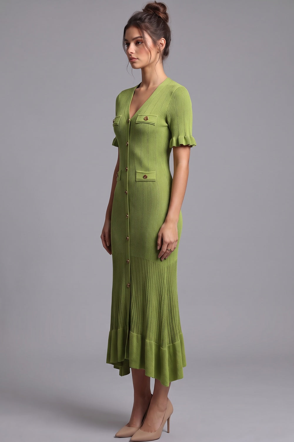Olive Green Ribbed Knit A-Line Trumpet Midi Dress - OWNCI Olive Green Ribbed Knit A-Line Trumpet Midi Dress - OWNCI