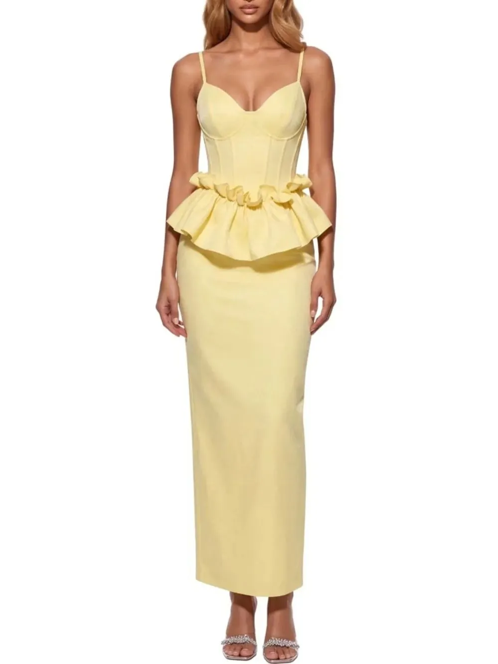 Ladrine Spaghetti Ruffle Bandage Maxi Dress - OWNCI
