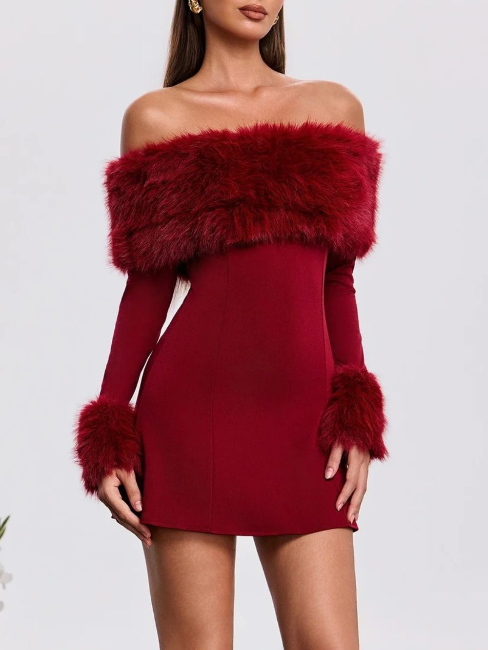 Aubelin Off Shoulder Faux Fur Mini Dress - OWNCI Aubelin Off Shoulder Faux Fur Mini Dress - OWNCI