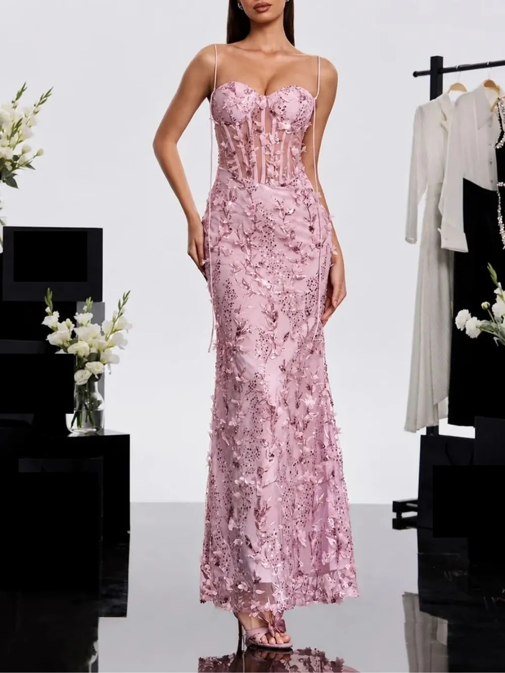 Haranu Spaghetti Corset Sequin Dress In Pink - OWNCI Haranu Spaghetti Corset Sequin Dress In Pink - OWNCI