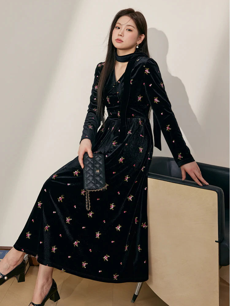 Yuri V-Neck Floral Embroidered Velvet Maxi Dress In Black - OWNCI Yuri V-Neck Floral Embroidered Velvet Maxi Dress In Black - OWNCI