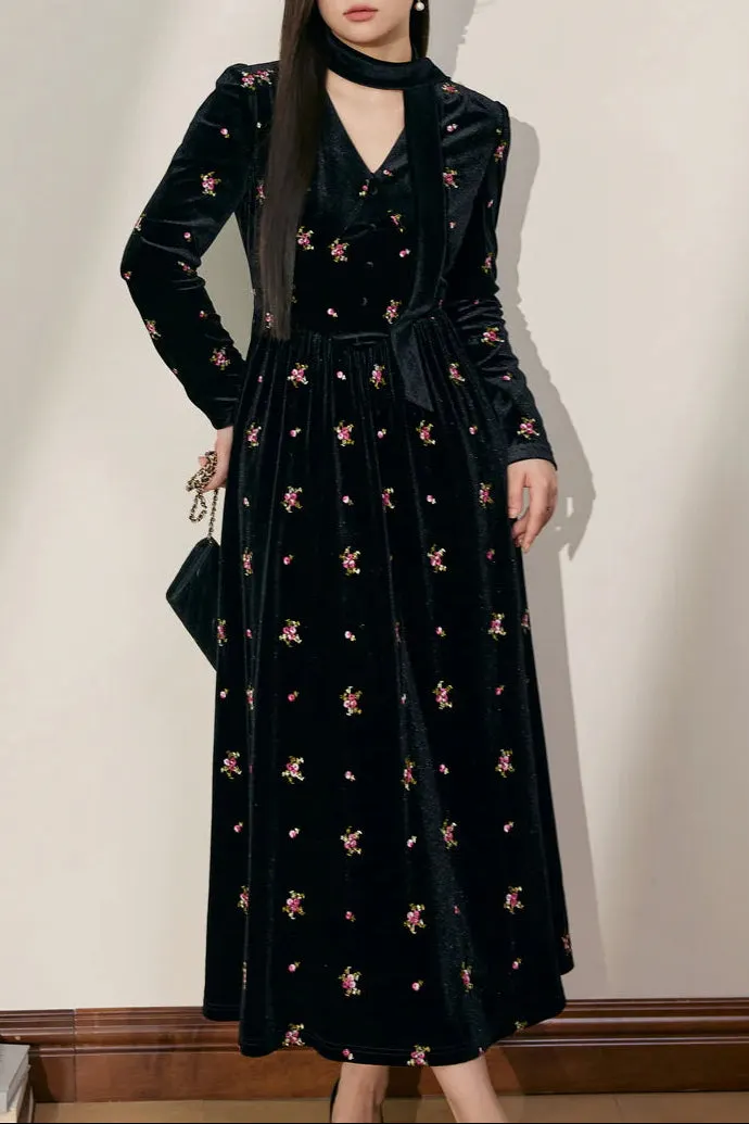 Yuri V-Neck Floral Embroidered Velvet Maxi Dress In Black - OWNCI Yuri V-Neck Floral Embroidered Velvet Maxi Dress In Black - OWNCI