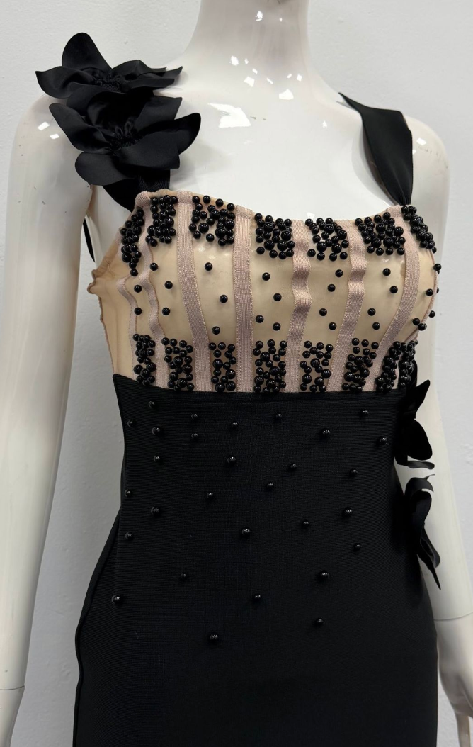 Black Structured Crepe Column Evening Gown with Beaded Bodice - OWNCI Black Structured Crepe Column Evening Gown with Beaded Bodice - OWNCI