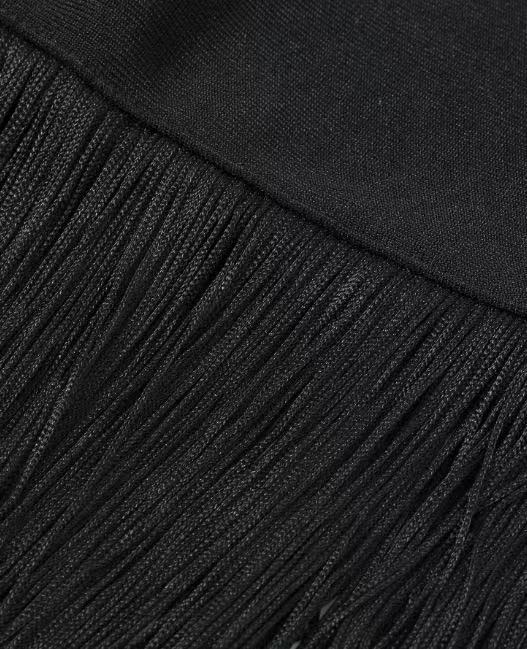 Black Heavy Bandage Knit Maxi Dress with Fringe Hem and Gold Embellishments - OWNCI Black Heavy Bandage Knit Maxi Dress with Fringe Hem and Gold Embellishments - OWNCI