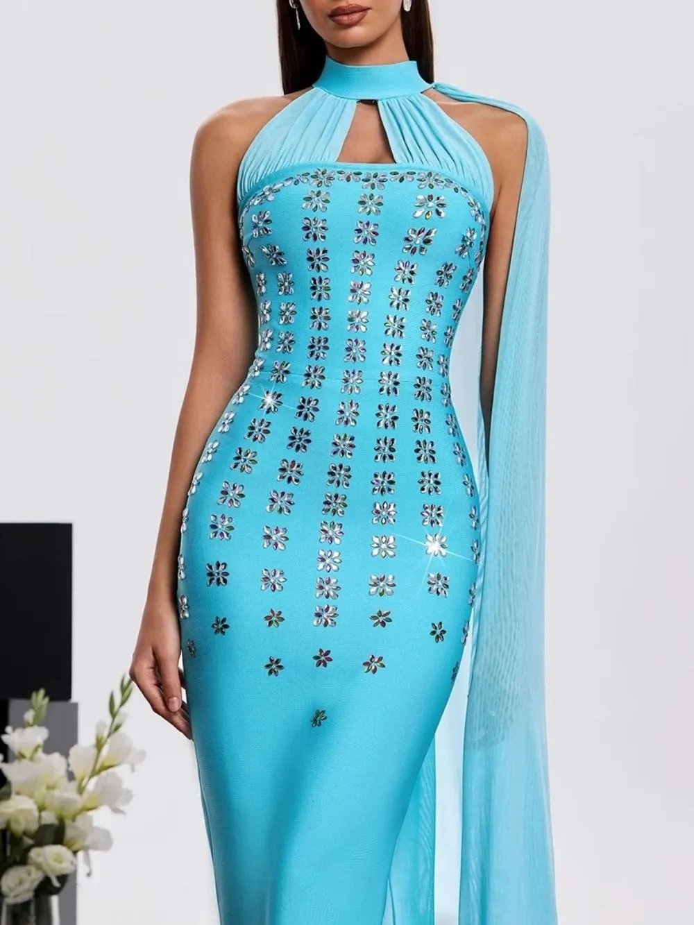 Harena Halterneck Rhinestone Bandage Dress - OWNCI