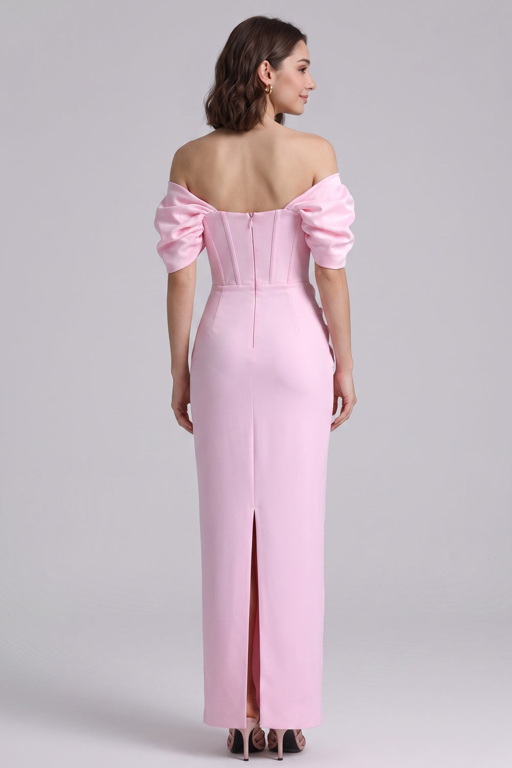 Light Pink Satin-Crepe Column Gown with Silver Sparkly Trim - OWNCI