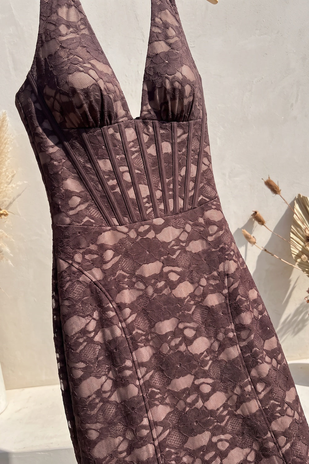 Dark Brown Floral Lace Mermaid Maxi Dress with Corset Bodice - OWNCI Dark Brown Floral Lace Mermaid Maxi Dress with Corset Bodice - OWNCI