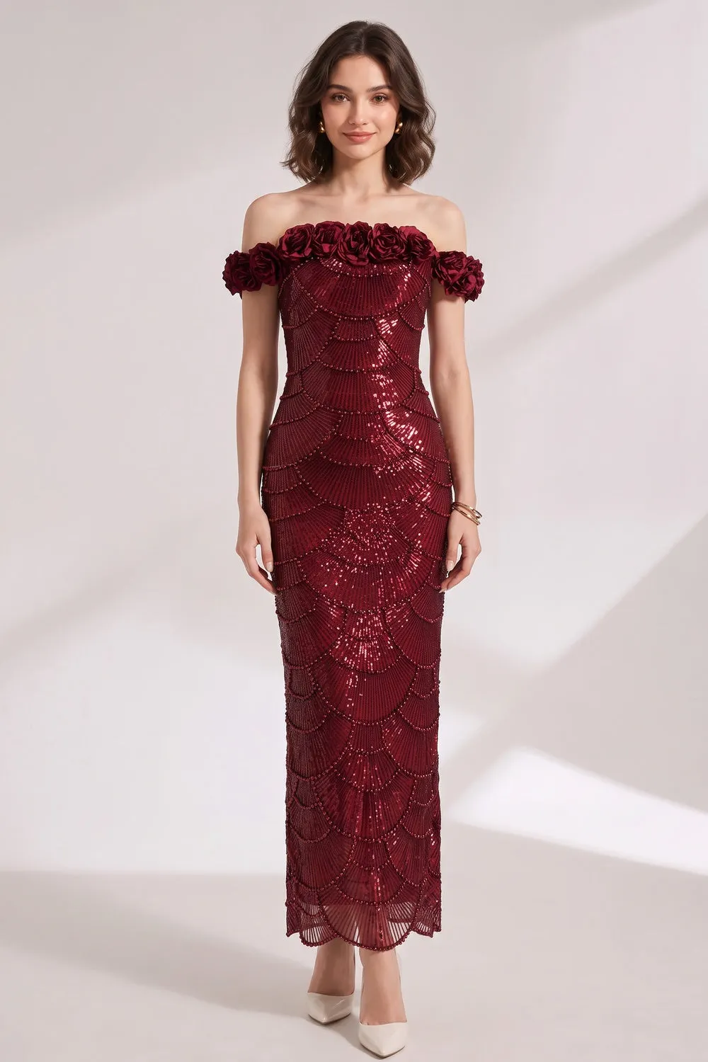Burgundy Sequined Mesh Column Gown - OWNCI Burgundy Sequined Mesh Column Gown - OWNCI