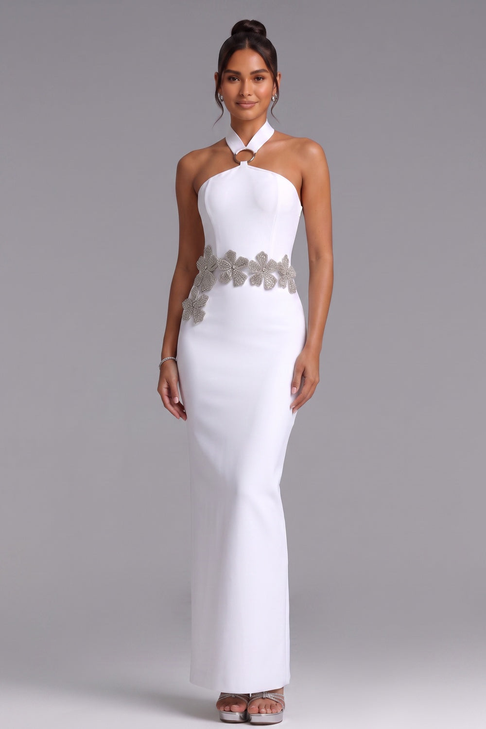 White Crepe Column Gown with Silver Floral Embellishment - OWNCI