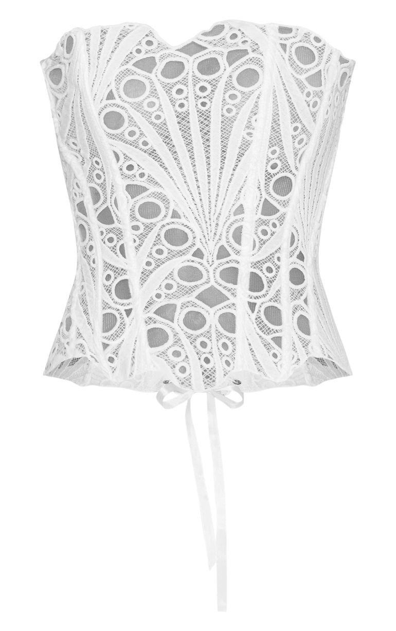 White Textured Sheer Floral Lace Corset - OWNCI
