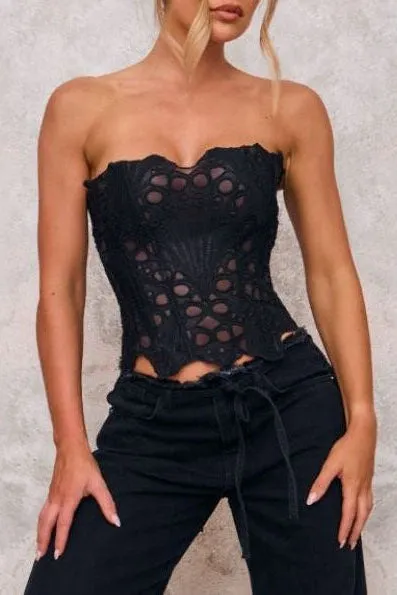 Black Textured Sheer Floral Lace Corset - OWNCI Black Textured Sheer Floral Lace Corset - OWNCI