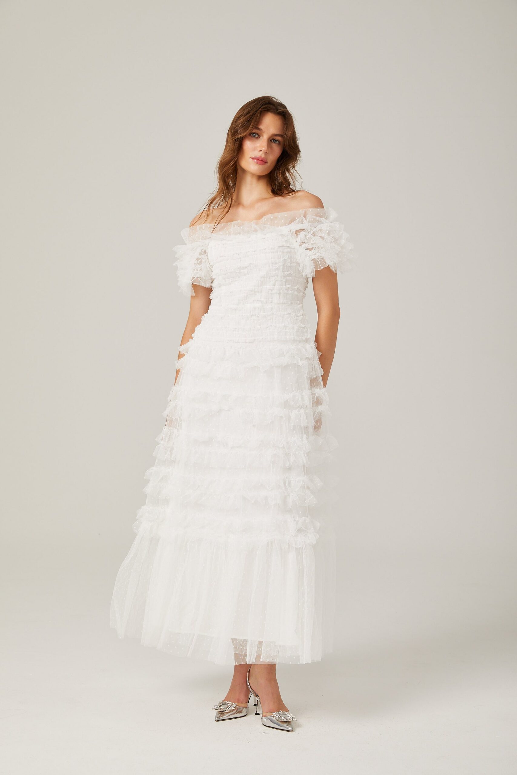 Joyce Ruffled Tulle Tiered Strapless Midi Dress In White - OWNCI Joyce Ruffled Tulle Tiered Strapless Midi Dress In White - OWNCI